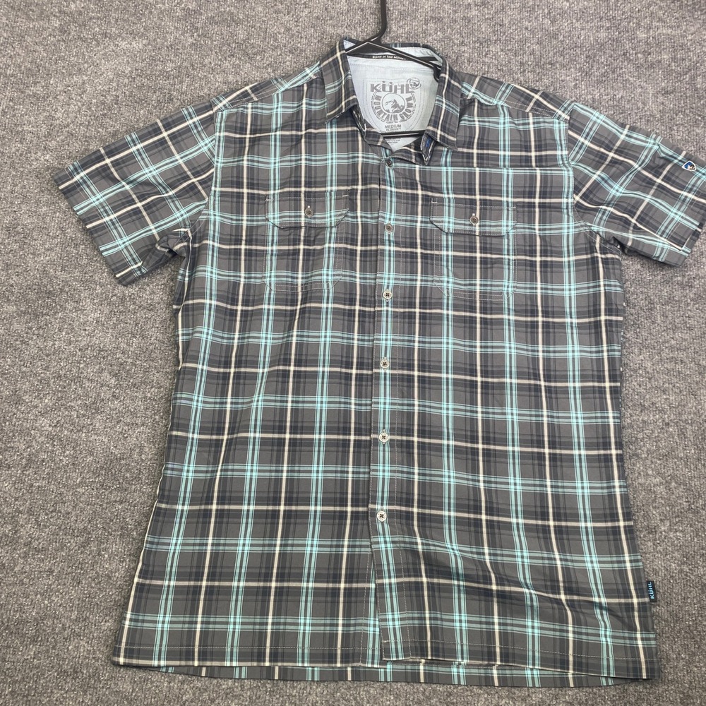 Kuhl Eluxur Mens Medium Short Sleeve Plaid Button Down Shirt Grey Teal Outdoor